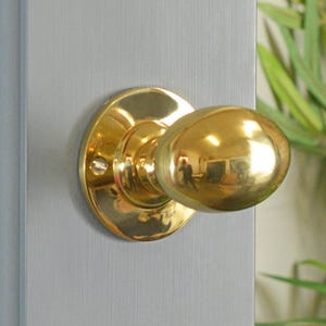 May include: A polished brass door knob with an oval-shaped handle. The knob is mounted on a round base.