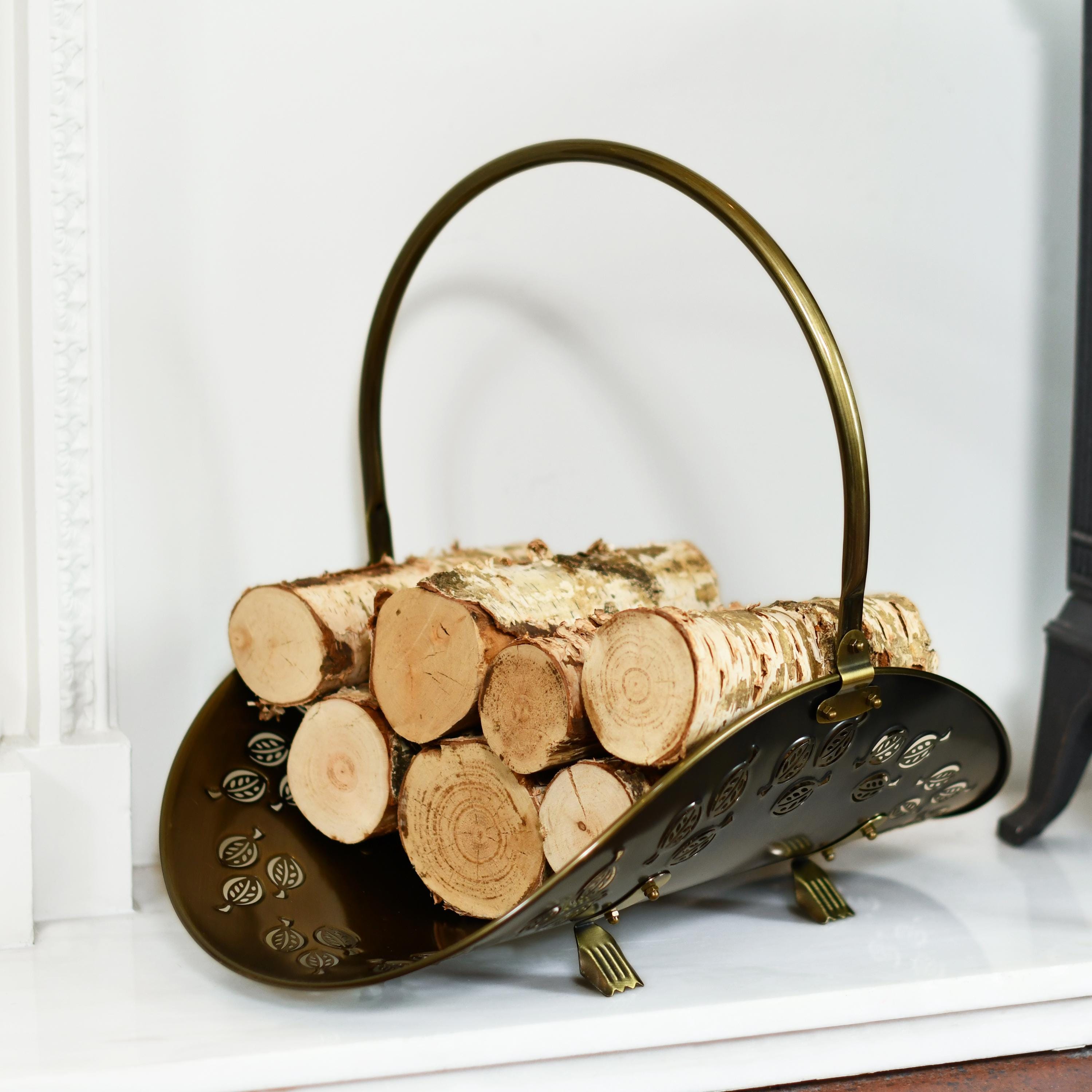 Antique Brass Curved Log Rack Basket With Handle, Log Holder
