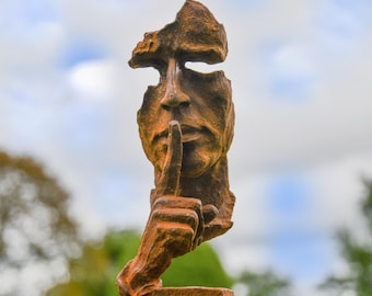 Rustic Cast Iron Abstract Sculpture, Listening, Iron Face, Home and Garden Decoration, Maintenance free, Patio, Garden Sculpture