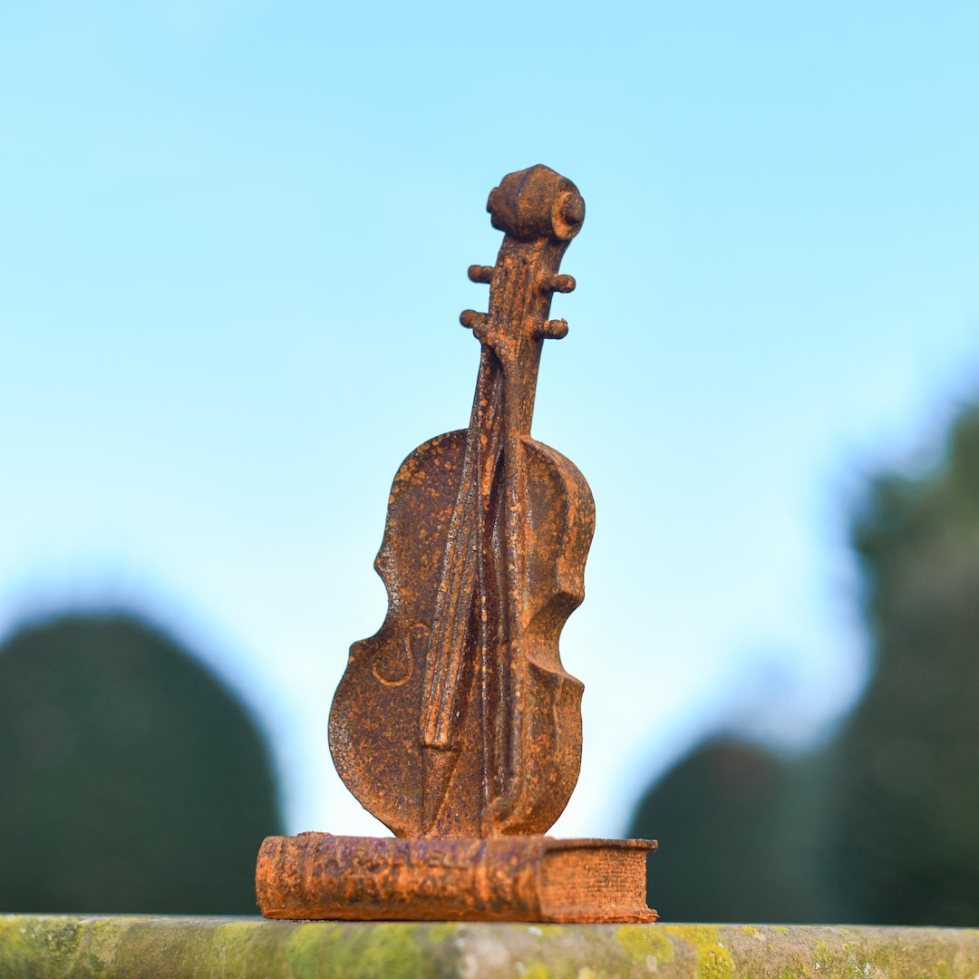 Rustic Fiddle Rustic Cast Iron Violin on Book Garden Sculpture, Garden Ornament ...