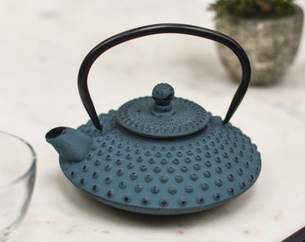 May include: A blue cast iron teapot with a black handle and a textured, dotted surface. The teapot has a lid with a small knob on top.