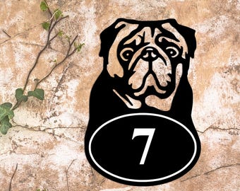 Personalised Pug Black Iron,  House Number Sign, Dog Address House Number Sign, Robust Metal, Bespoke Design House Sign