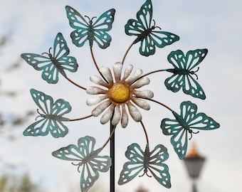 Hand-Painted Butterfly and Daisy Garden Wind Spinner, Garden Decoration, Ground Spike, Metal Wind Spinner