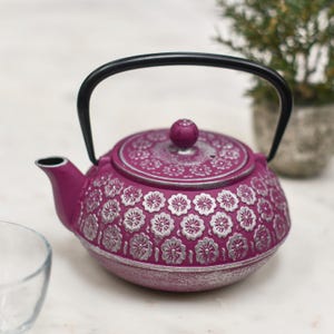 May include: A magenta cast iron teapot with a black handle and lid knob. The teapot is decorated with silver floral patterns. The spout is on the left side, and a clear glass cup is in the foreground.
