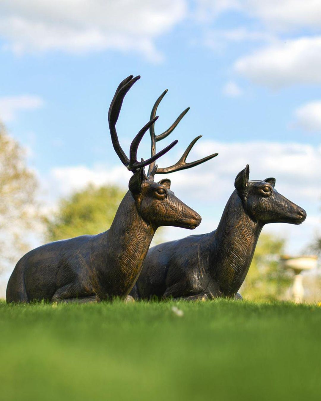 Sitting Stag & Doe Cast Aluminium Garden Sculptures | Pair of Antique ...