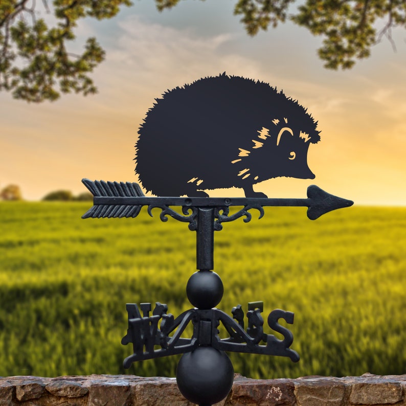 May include: Black metal garden weather vane featuring a silhouette of a hedgehog with a compass rose and the words "North, South, East, West".