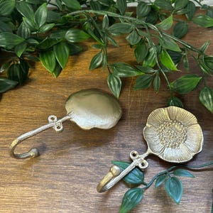 May include: Two decorative brass-coloured wall hooks. One hook has a petal-shaped design, and the other has a flower-shaped design. The hooks are on a wooden surface with green leafy vines.