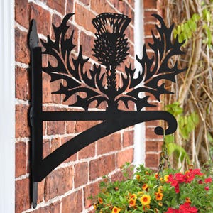 May include: Black metal plant hanger with a thistle design. The hanger is attached to a brick wall and has a chain hanging from the bottom.