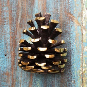 May include: A gold and black metal pine cone door knocker. The pine cone is detailed with individual scales and has a gold finish.