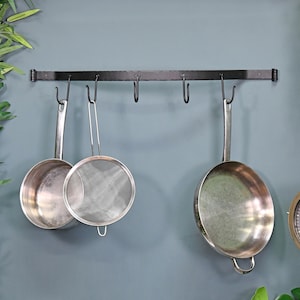 May include: A black metal pot rack with six hooks, holding a stainless steel saucepan, a strainer, and a frying pan. The kitchenware hangs against a blue-grey wall, with green foliage in the corners.
