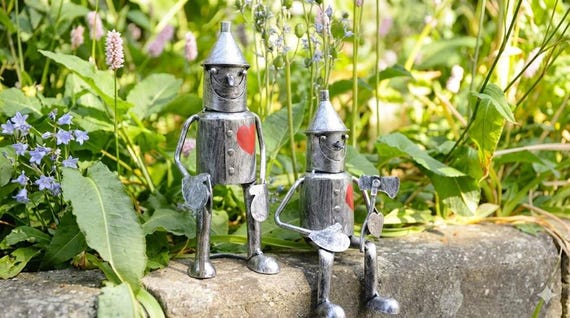 SET OF TWO Mini Sitting & Standing Tin Man Garden Ornaments