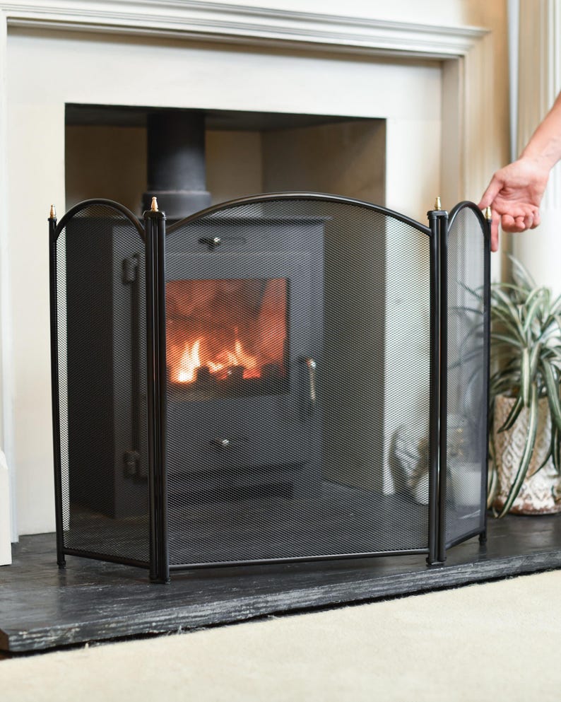 Black Three Fold Fire Guard, Mesh Guard, Fire Screen, Timeless Design