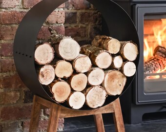 Contemporary Black Circular Log Holder on Wooden Legs