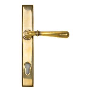 May include: A polished brass door handle with a lever design and a keyhole. The handle is mounted on a rectangular backplate.