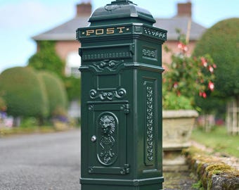 Green & Gold Cast Aluminium Freestanding Post Box: Lockable Parcel Delivery