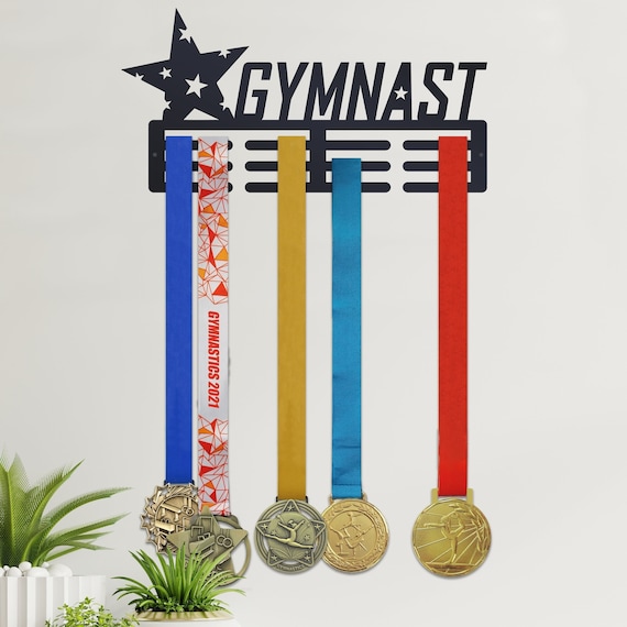 Wholesale CREATCABIN Gymnastics Medal Holder Display Hanger Sports Awards Stand Wall Rack Mount Hanger Decor Black Wood Medal Holders For Home Badge 3 Lines Over 60 Medals Athletes Players Gift