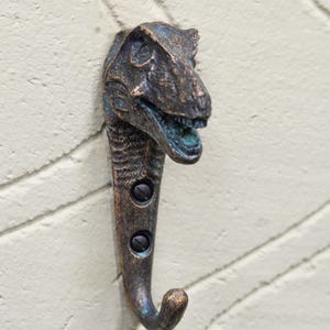 Dinosaur Hook, Verdigris Vintage Style T-Rex Coat Hook, Quirky Hardware, Kids Bedrooms, Unique Decoration
