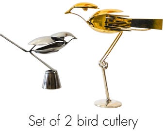 Set of 2 Recycled Spoon Bird Sculptures | Gold and Silver Up-cycled Art