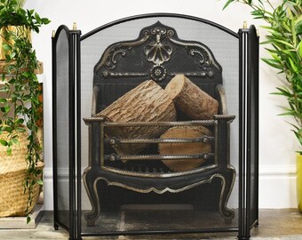 With Mesh and Decorative Finials 72cm Tall Traditional Black Three Fold Fire Guard 