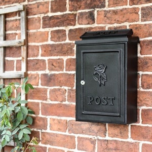 Deluxe  Cast Iron Black "Tudor Rose” Wall Mounted Post Box/ Rose Design, Elegant and Practical Post Box with Rose, Cast Iron Letter Box