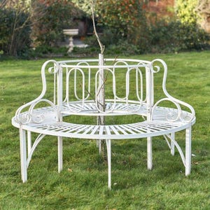 Cream Steel Tree Bench, Ornate Garden Seat, Outdoor Furniture