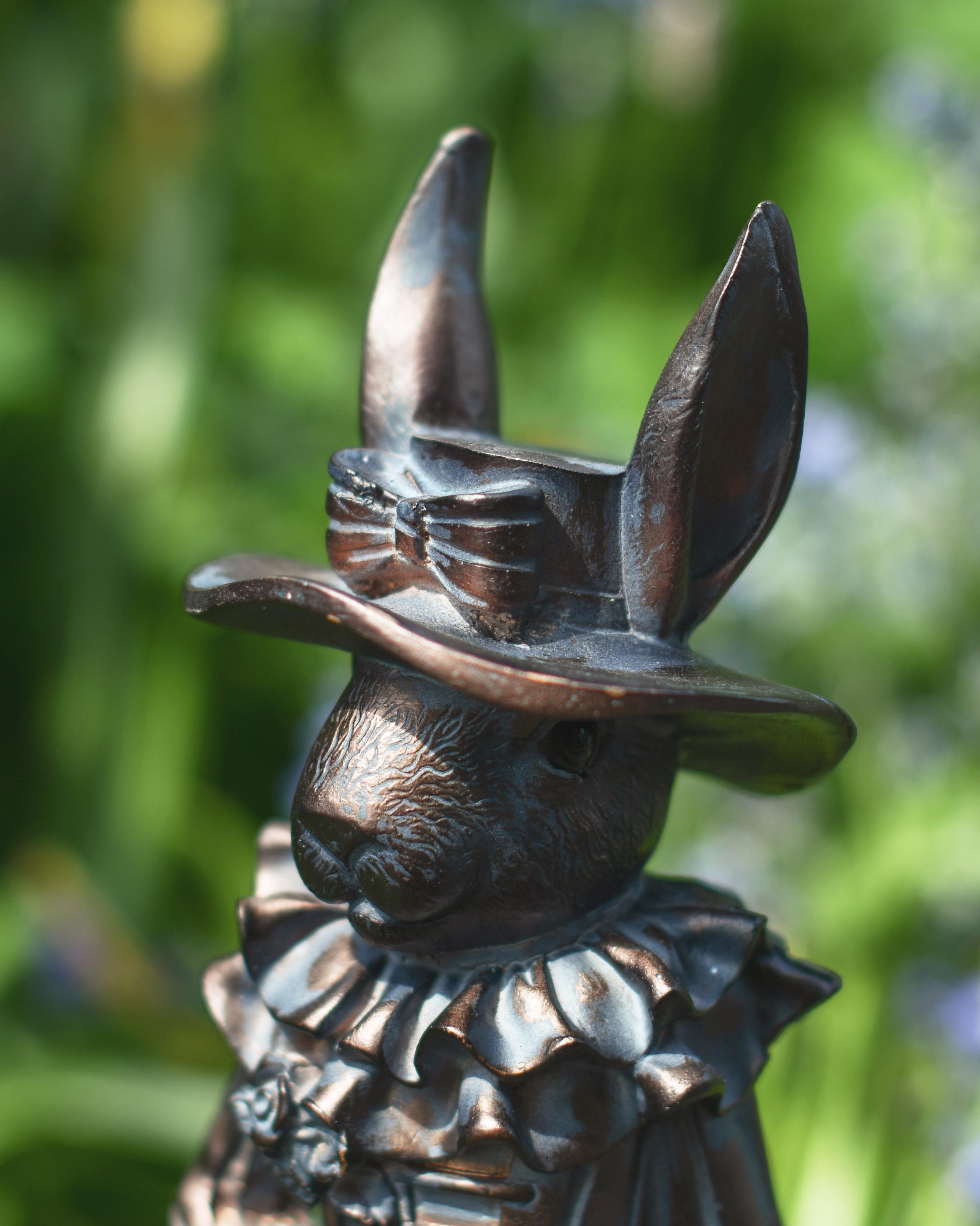 Victorian Lady Rabbit Garden Sculpture, Verdigris Vintage Style