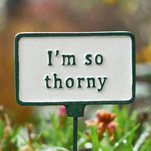 May include: A rectangular garden sign with a white face and a dark green border. The sign features the raised dark green text "I'm so thorny" in the centre. It is attached to a thin, dark green metal stake for insertion into the ground.