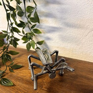 May include: A handmade metal insect sculpture with a clear glass body and wings. The insect is constructed from various metal components, including bolts and rods, and is displayed on a wooden surface. Green leafy vines are in the background.