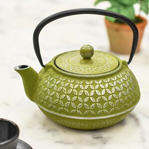 May include: A green cast iron teapot with a silver embossed floral pattern. The teapot has a black handle and a lid with a knob.