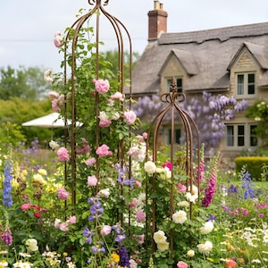 Set of Two Ornate Rustic Steel Obelisks, Garden Decoration, Planting, Gardening Accessories