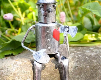 thumbnail image 2 of Vintage Metal Sitting Tin Man Sculpture - Weatherproof Garden Ornament, Silver, 21cm Tall 2 of 2