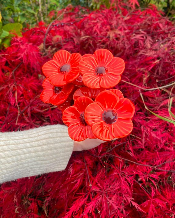 Hand-painted Ceramic Poppies | Set of 6 or 12 | Metal Spikes