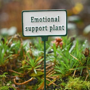 May include: A rectangular garden marker with a white background and a dark green border, featuring the raised dark green text "Emotional support plant". The sign is attached to a thin, dark green metal stake designed for insertion into soil.