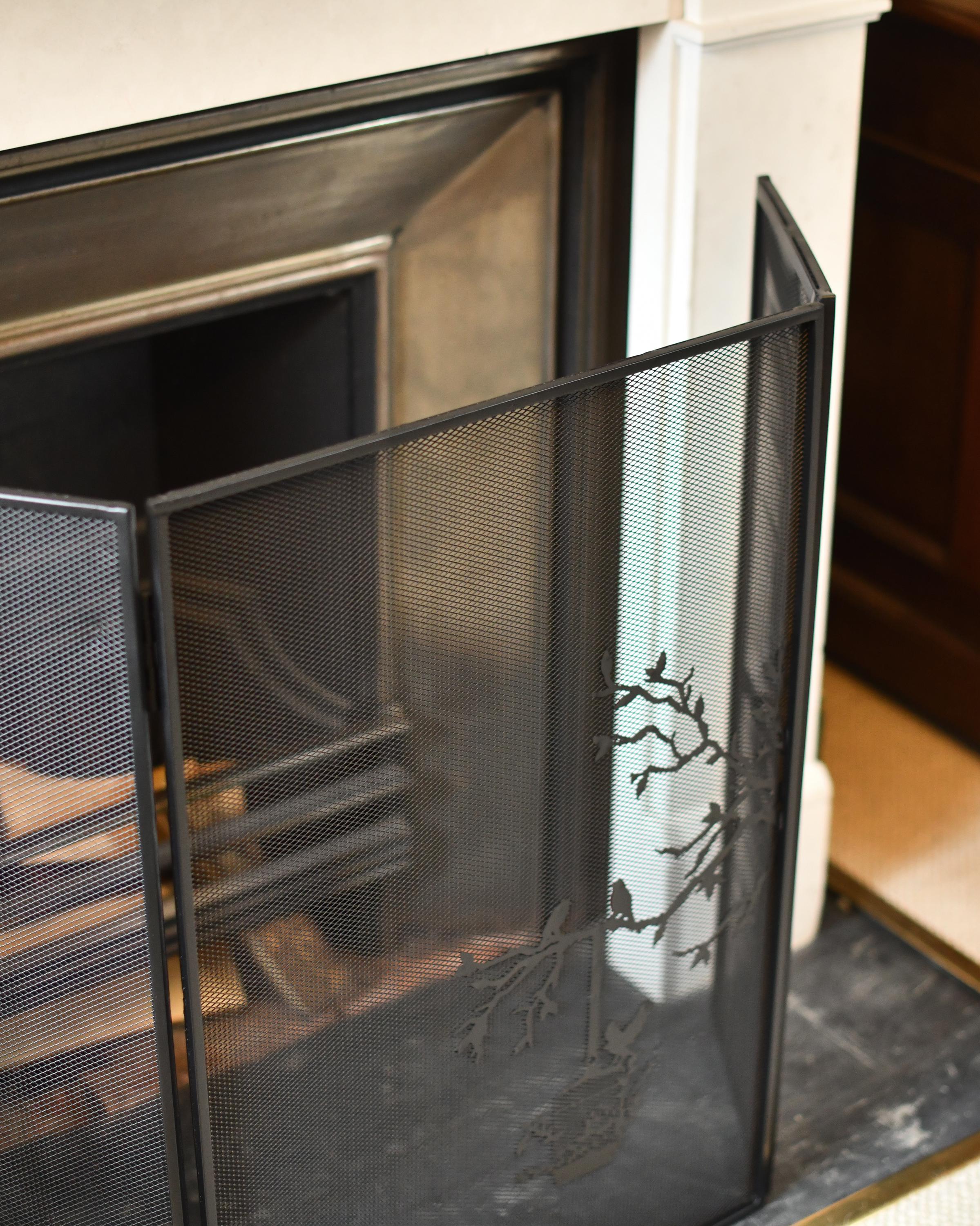 Black Three Fold Ornate Fire Guard, Bird & Tree Design, Mesh Guard ...