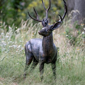 May include: A bronze deer sculpture with large antlers stands in a field of tall grass and wildflowers. The sculpture has a detailed, textured surface and is set against a blurred background of trees and foliage. The deer is facing to the right.