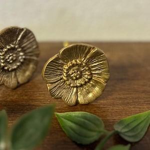 May include: Two antique brass flower-shaped cabinet knobs are shown in close-up. The knobs have a detailed floral design with a textured surface and a warm, golden hue. Green leaves are in the foreground, resting on a wooden surface.