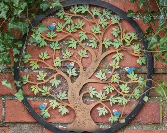 Rustic Steel Tree of Life Wall Art: Garden Birds Decor - Available in 2 Sizes