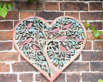 Rustic Heart Metal Wall Art, Birds on Tree Design, Garden Decor