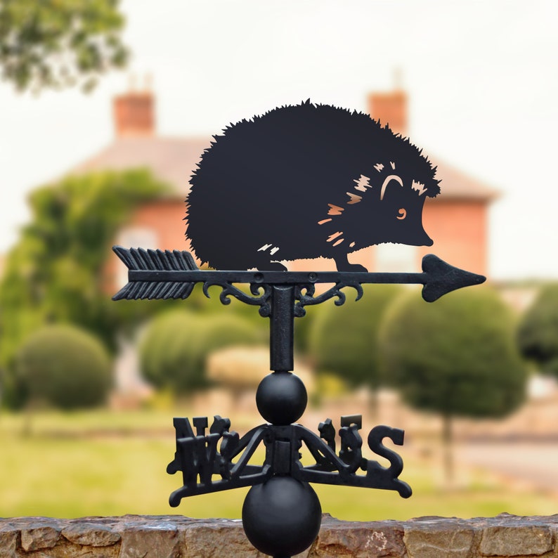 May include: Black metal garden weather vane featuring a silhouette of a hedgehog with a pointed arrow. The weather vane is mounted on a black metal pole with a round ball finial.