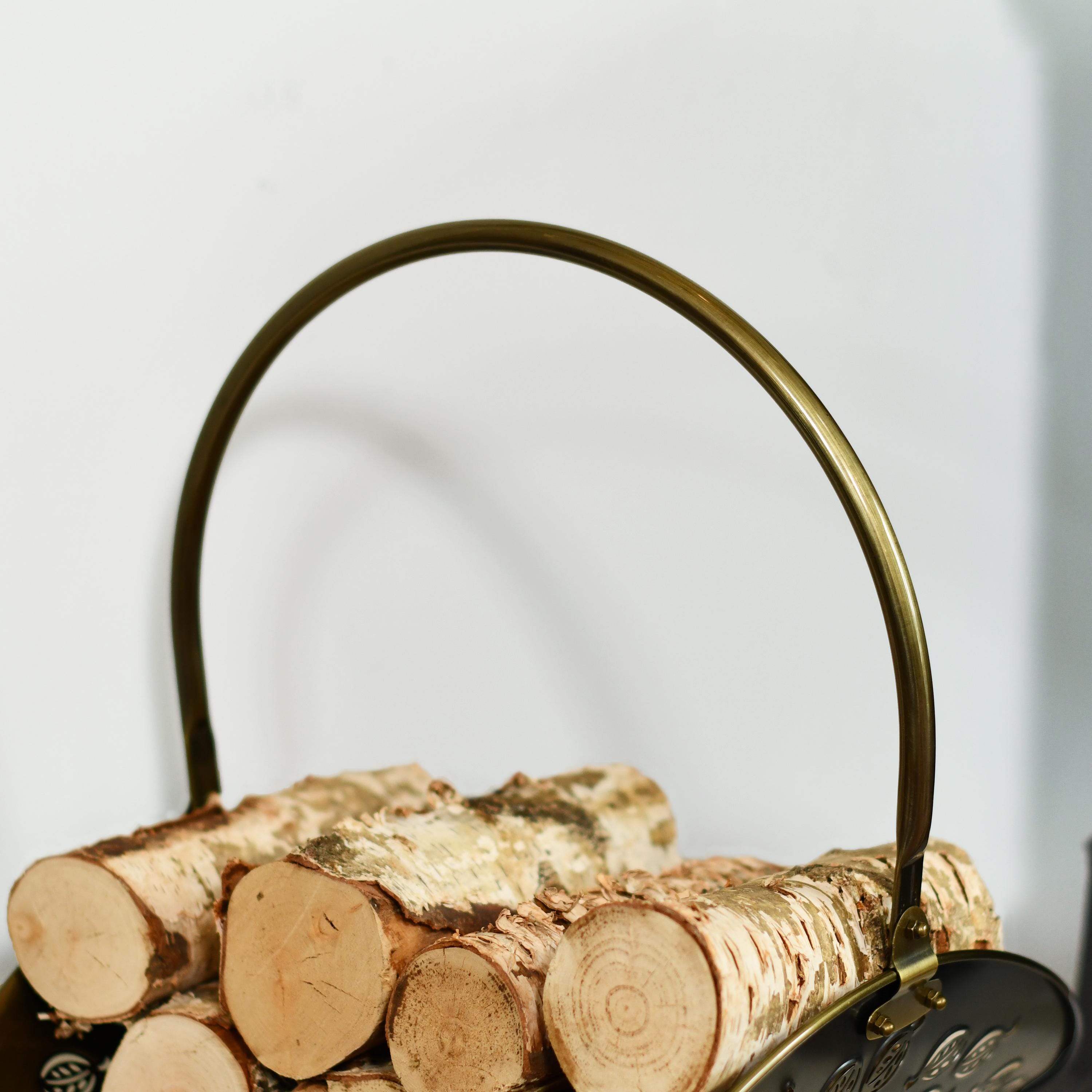 Curved Log Rack Antique Brass Curved Log Rack Basket With Handle, Log Holder, Firewood ...