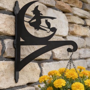 Witch Hanging Basket Bracket | Steel Halloween Gothic Garden Decor