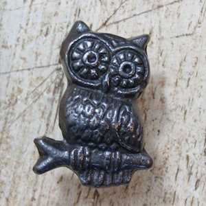 May include: A dark grey metal owl figurine perched on a branch. The owl has detailed feather and eye patterns. This decorative item could be used as a cabinet knob or drawer pull.