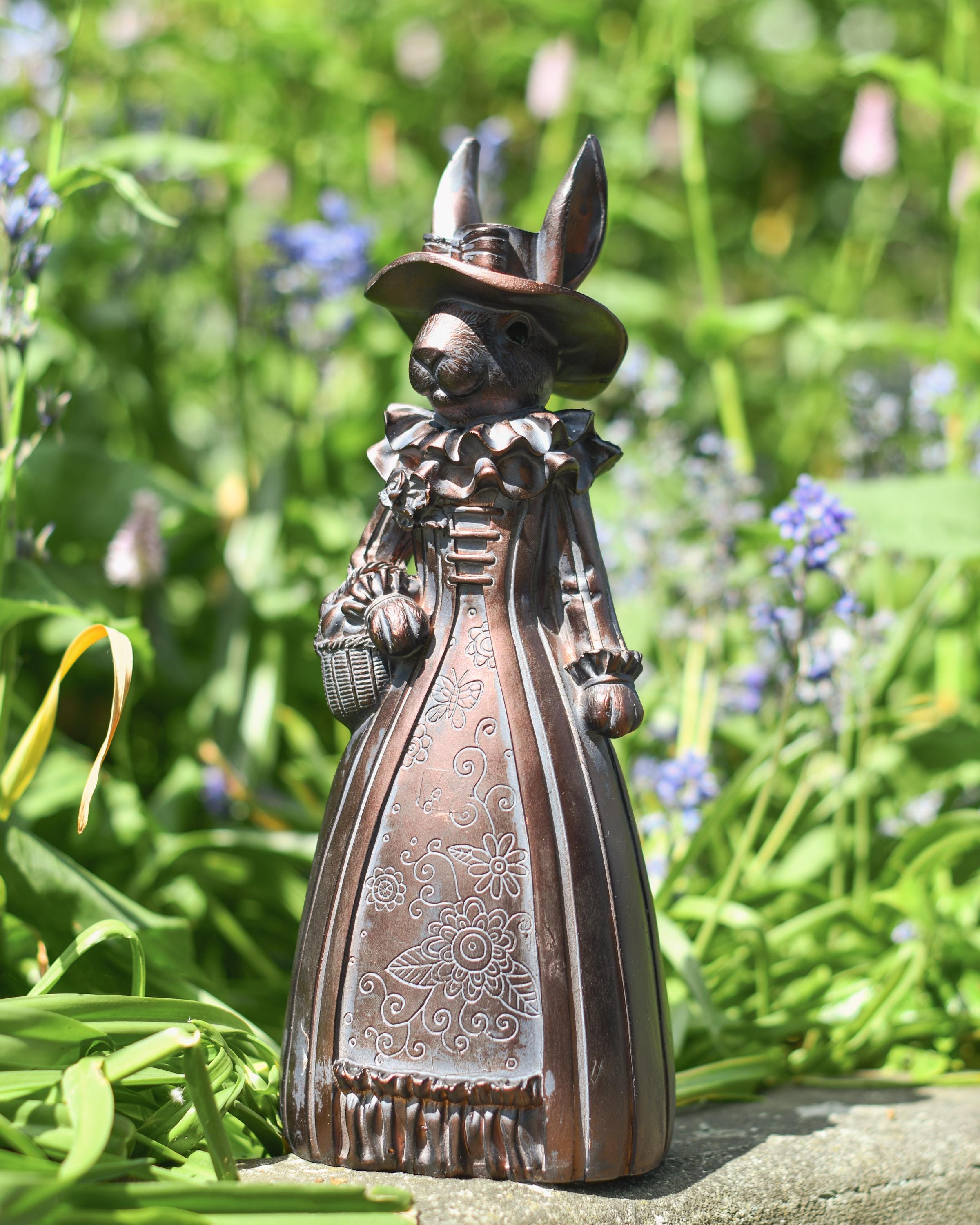 Victorian Lady Rabbit Garden Sculpture, Verdigris Vintage Style