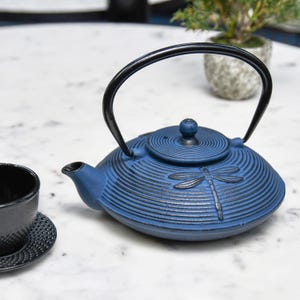 May include: Blue cast iron teapot with a black handle and a dragonfly design on the side. The teapot has a lid with a spiral design.