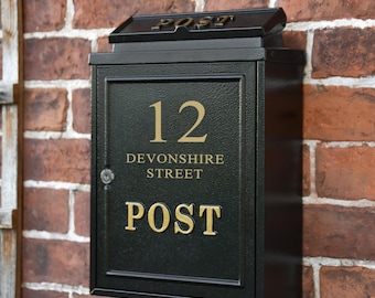 Black + Gold Wall Mounted Post Box, Personalisation Available