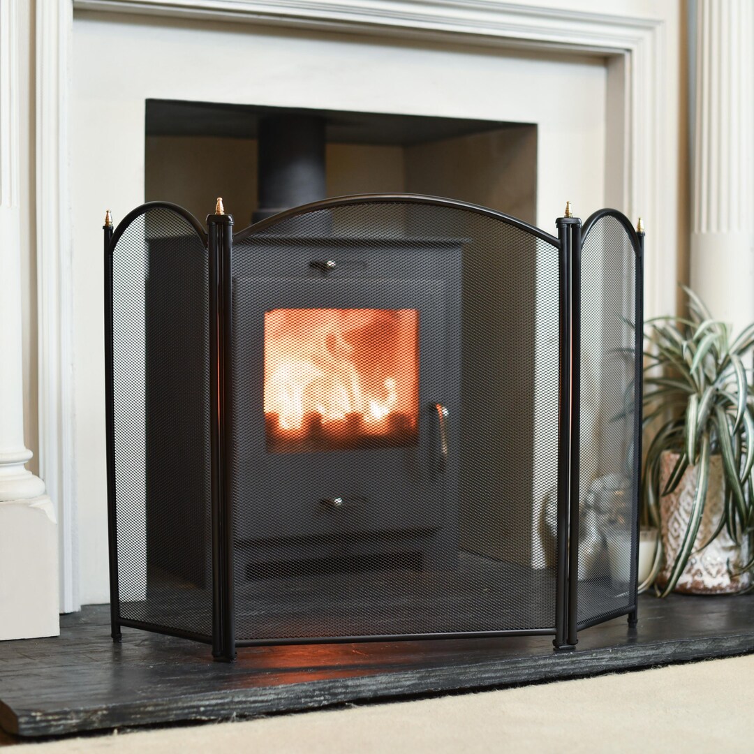 Black Three Fold Fire Guard, Mesh Guard, Fire Screen, Timeless Design