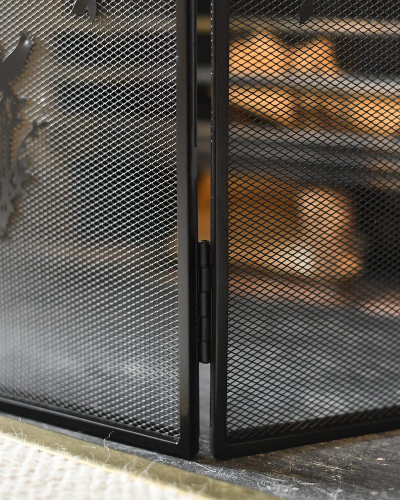 Black Three Fold Ornate Fire Guard, Bird & Tree Design, Mesh Guard ...
