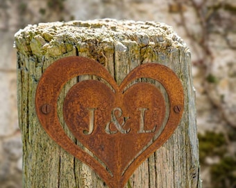 Personalised Iron Heart Wall Art: 7" Custom Initials, Indoor/Outdoor