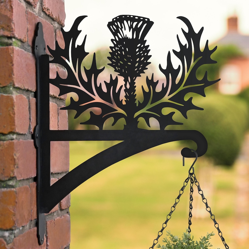 May include: Black metal hanging planter bracket with a thistle design. The bracket is attached to a brick wall and has a chain hanging from it.