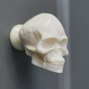 May include: A white skull-shaped cabinet knob. The knob is mounted on a grey surface. The skull has detailed features, including eye sockets, a nose cavity, and teeth. The knob is a decorative element for furniture.